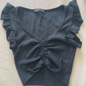 Zara Black Ruched Ruffle Sleeve Top
